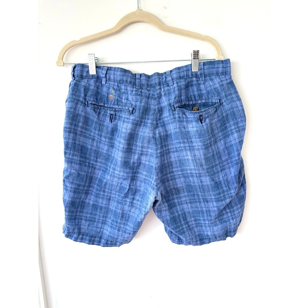 Peter Millar Mens Blue Plaid Linen Blend Flat Front Shorts Size 33 Golf Casual